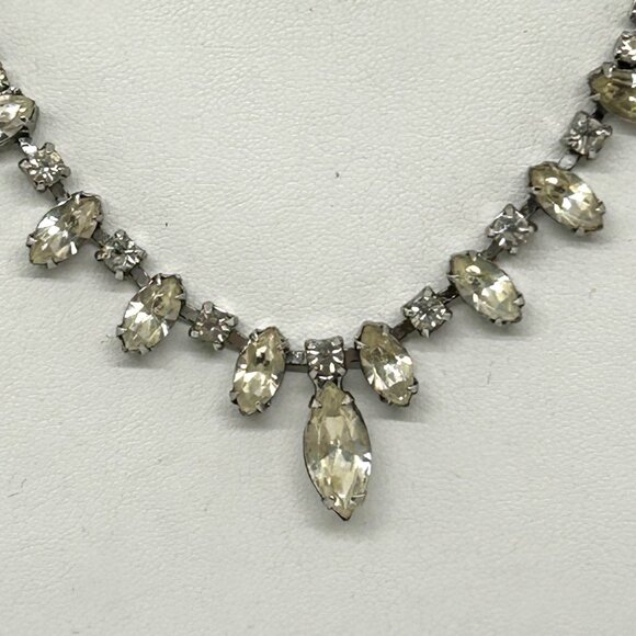 Vintage Weiss Rhinestone Necklace Clear Marquise & Round Stones Wedding Formal - Picture 4 of 11